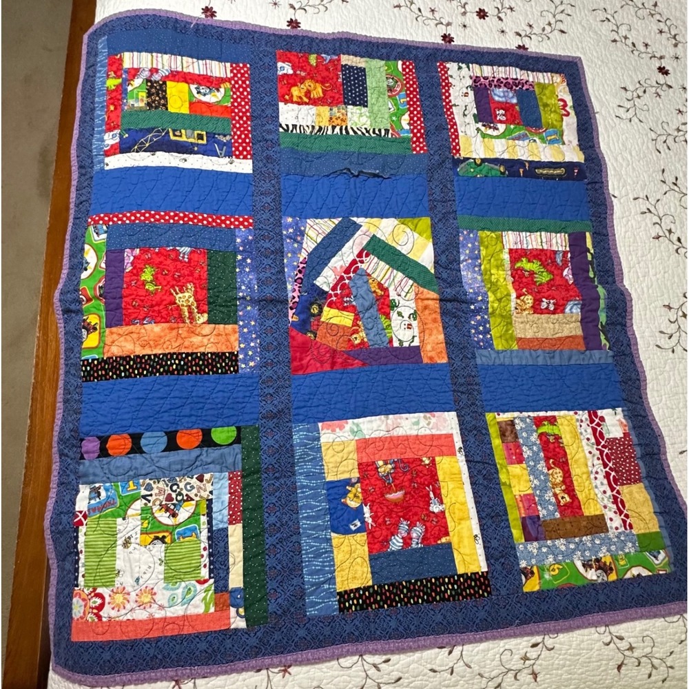 Handmade Kids Patchwork Quilt 39x42 Animals Trains Colorful Quilting Stitching
